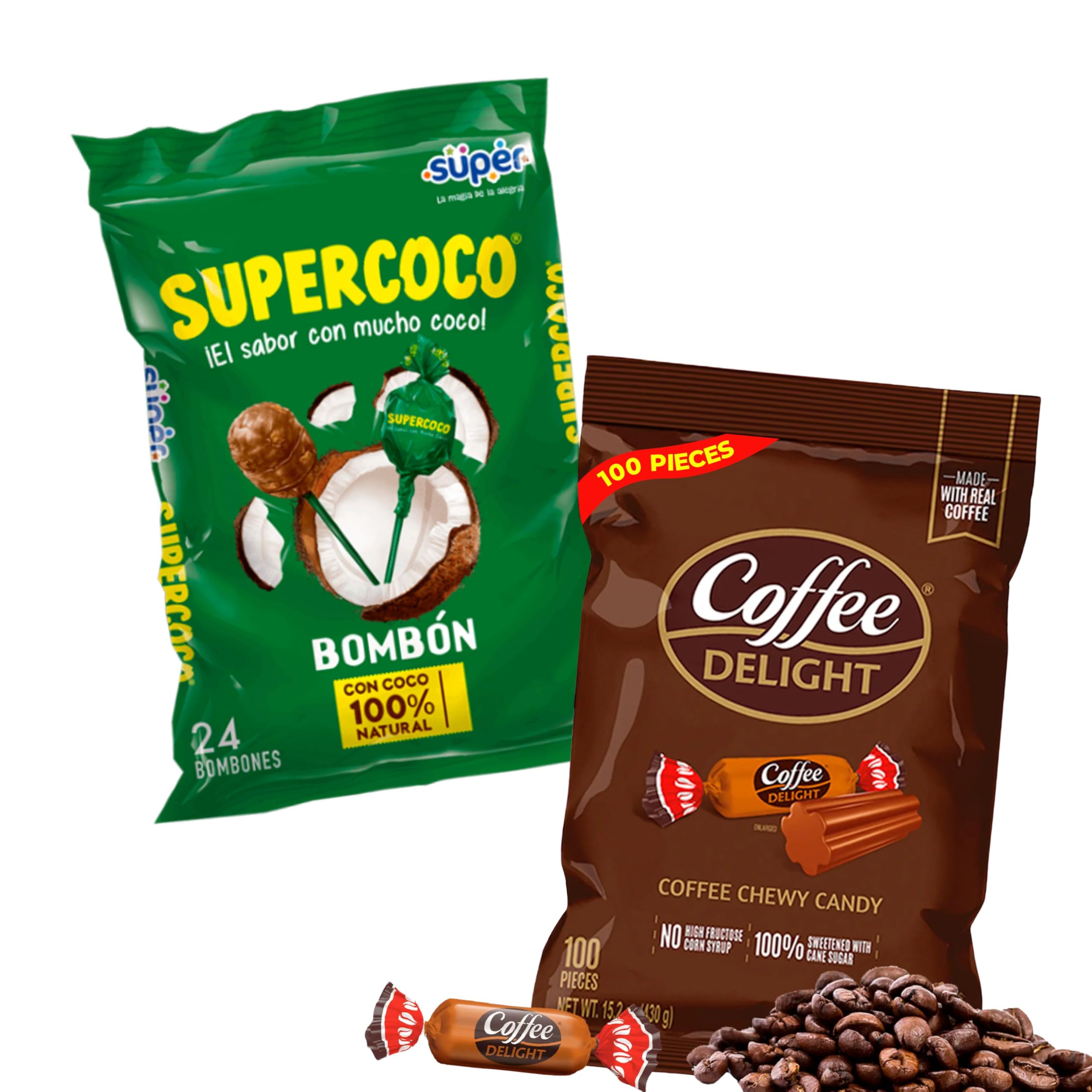 Colombian Candy Combo Pack of 2 Supercoco Coconut Bonbon Candy & Coffee Delight Chewy Candy (100 Pieces), Individually Wrapped Sweet Variety Bundle