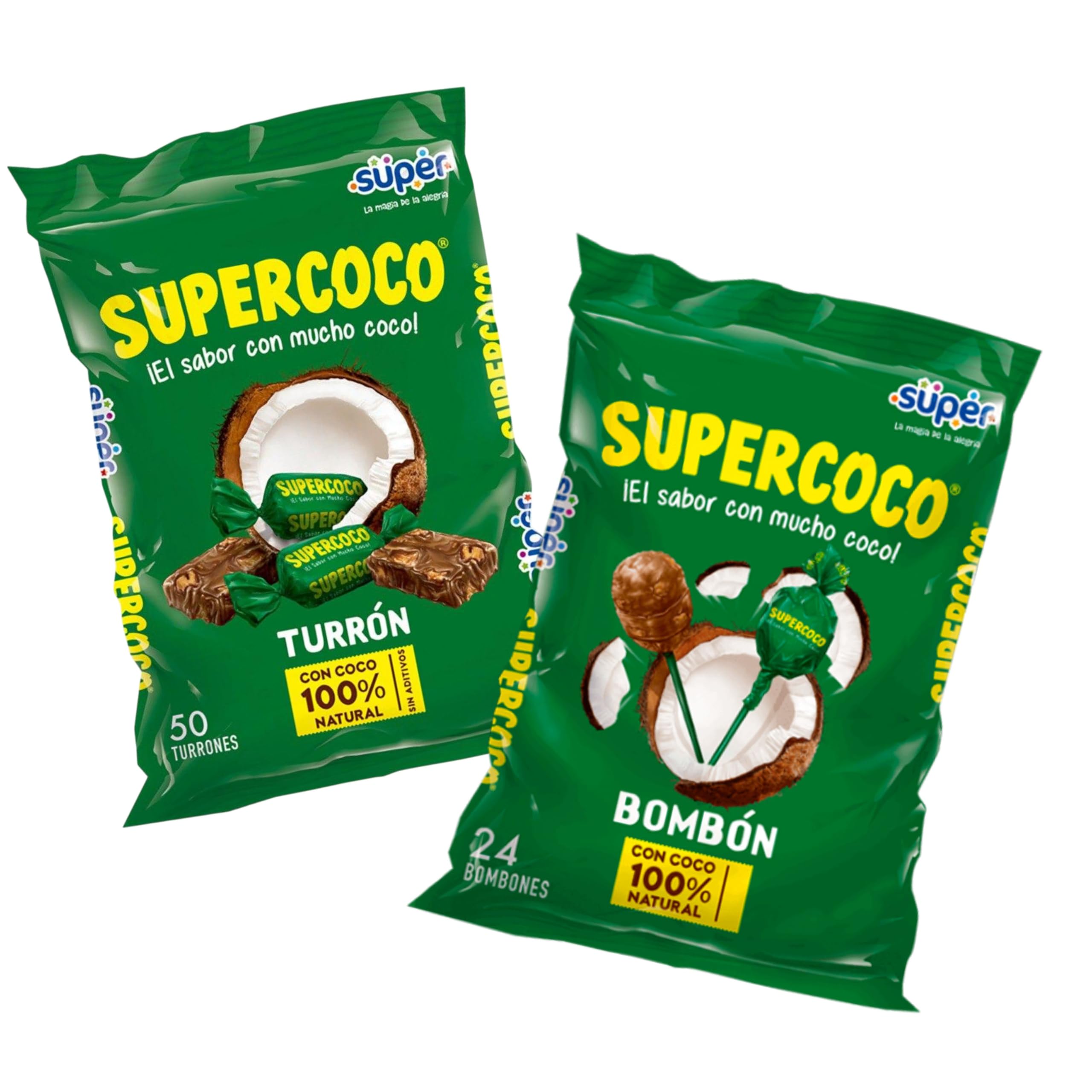 Supercoco Colombian Coconut Candy Combo Pack of 2 Turron Candy (50 Pieces) & Lollipop (24 Pieces), Sweet Coconut Treat, Individually Wrapped Variety Bundle